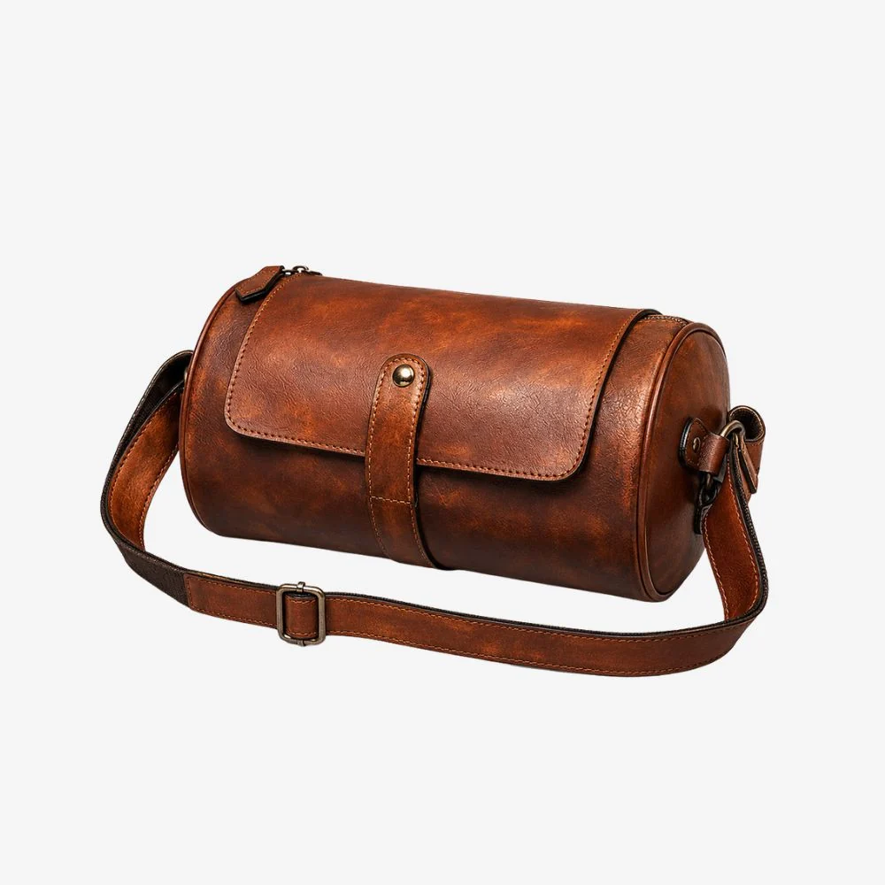Stylish Brown Leather Shoulder Bag – Messenger Bag with Unique Cylindrical Design for men