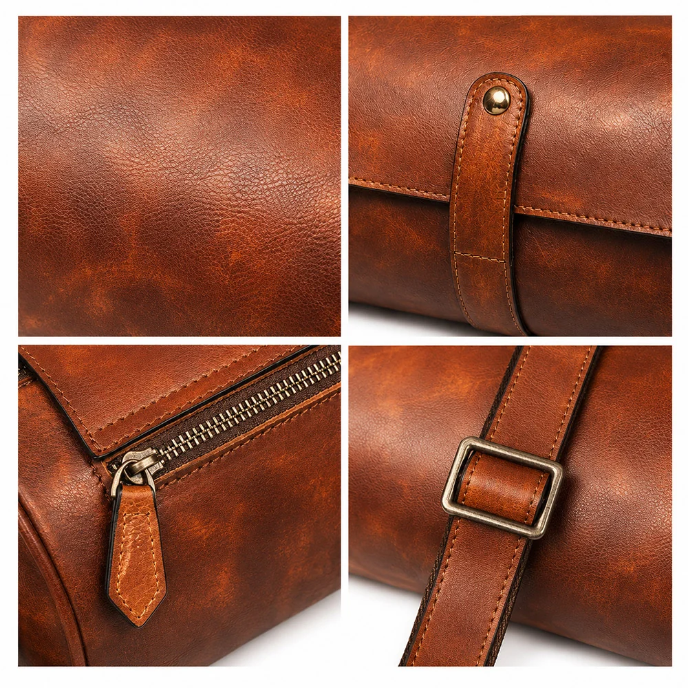 Stylish Brown Leather Shoulder Bag – Messenger Bag with Unique Cylindrical Design for men - Image 7