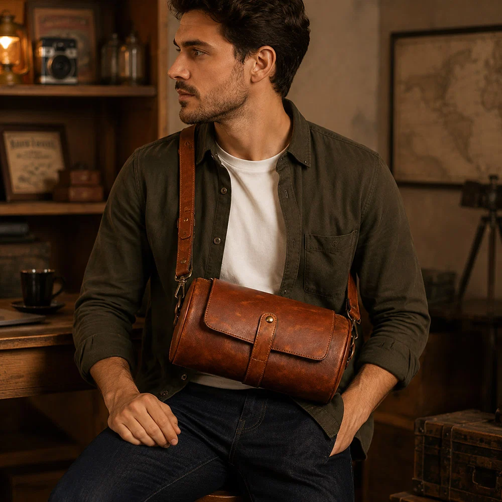 Stylish Brown Leather Shoulder Bag – Messenger Bag with Unique Cylindrical Design for men - Image 8