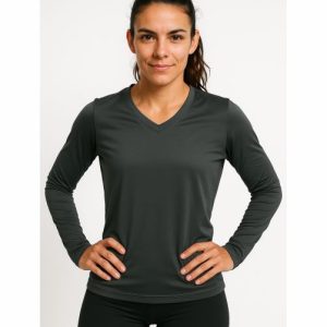 Camiseta Feminina gola V Dry Trail cinza manga longa